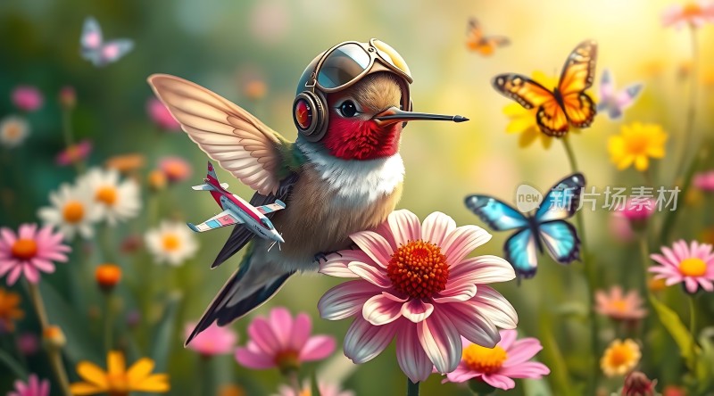 戴头盔的小鸟与蝴蝶共舞于花丛间