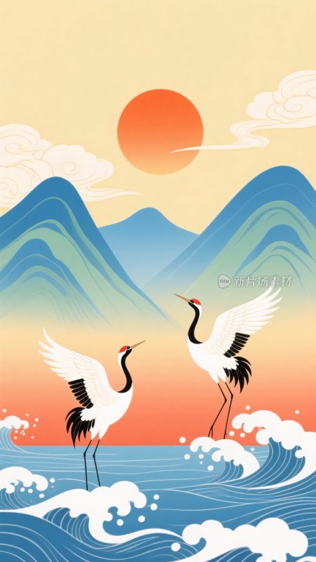 山水间双鹤伴日的国风景象