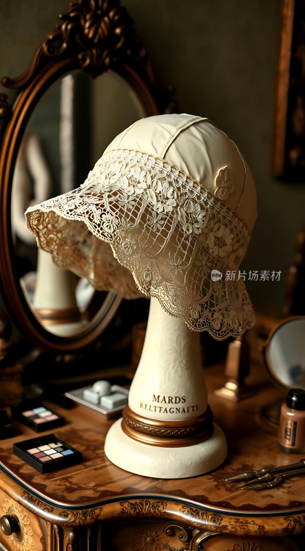 复古梳妆台上的蕾丝帽子和化妆品