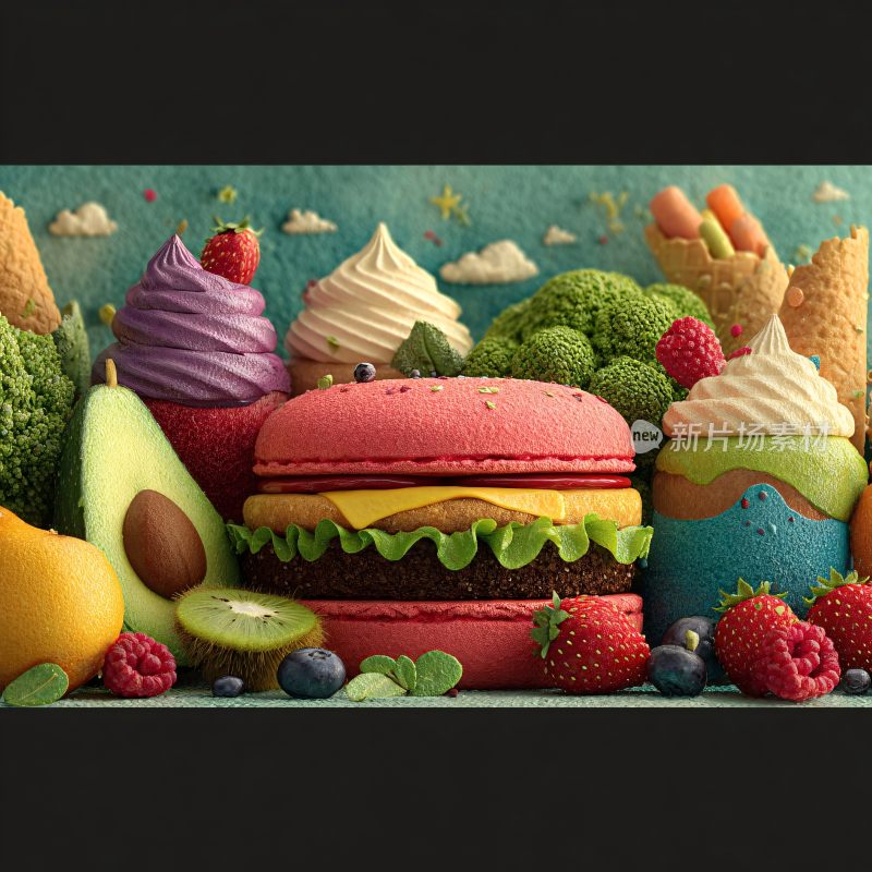 多彩食物组合的创意插画