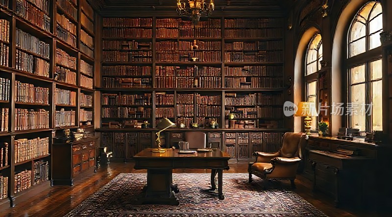 古色古香书房木质书架、复古桌椅和地毯营造优雅氛围