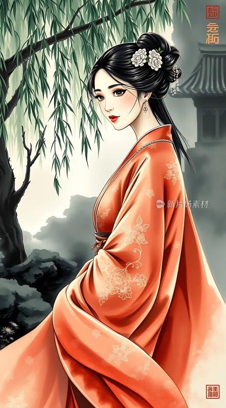 汉服佳人柳下立