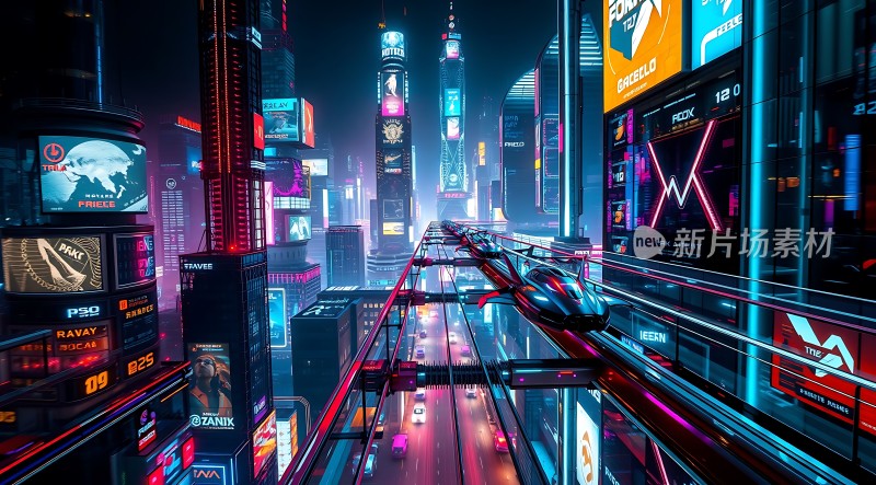 未来城市夜色下的炫目霓虹与高速列车