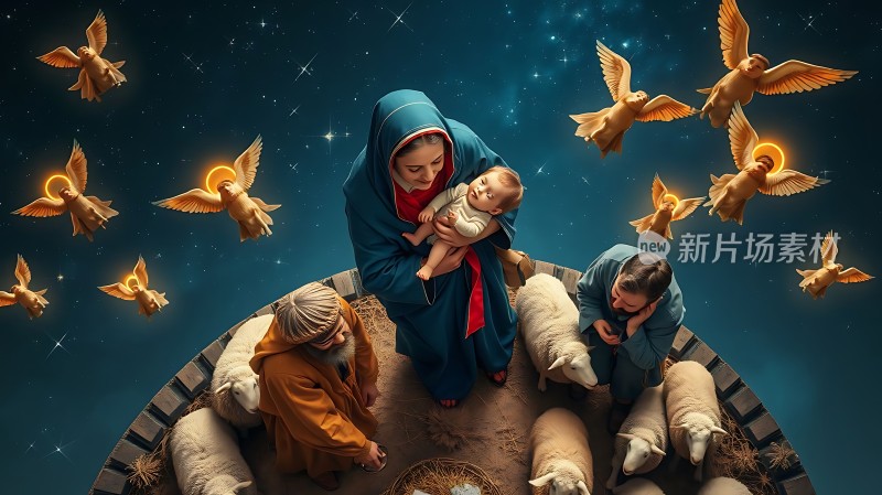 圣母玛利亚与天使环绕下的宁静夜晚