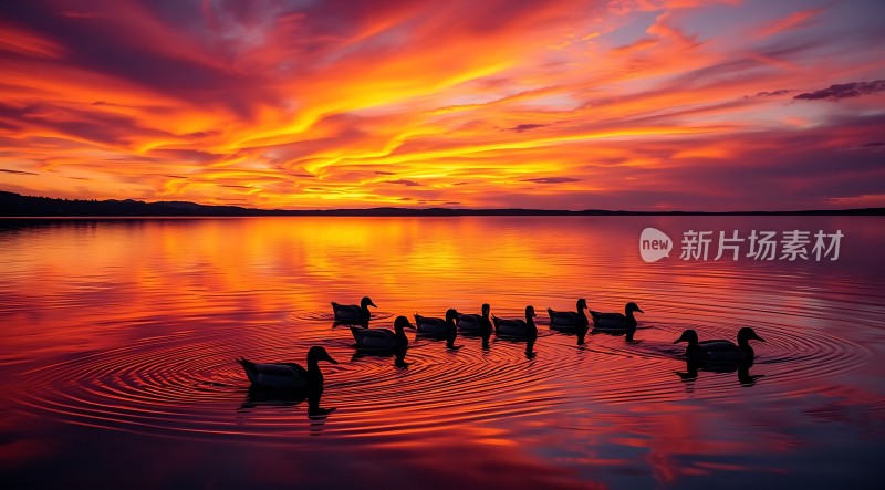 日落湖面群鸭游弋