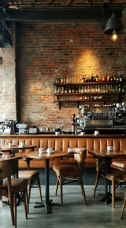 复古咖啡店砖墙、木质家具与温馨灯光营造舒适氛围