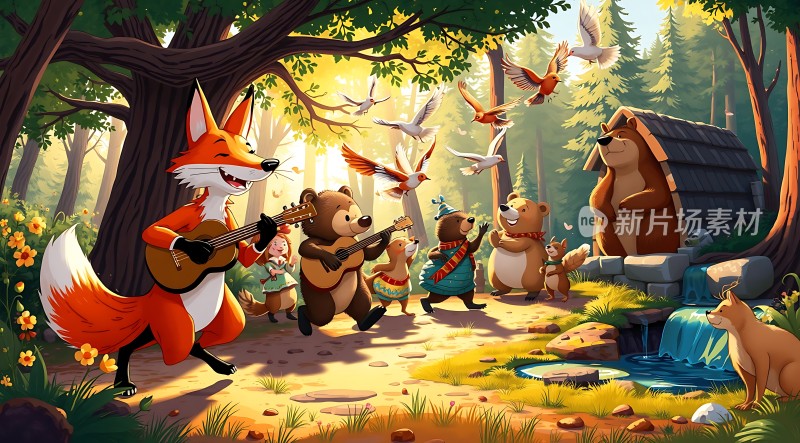森林音乐会狐狸弹吉他小动物们欢快起舞