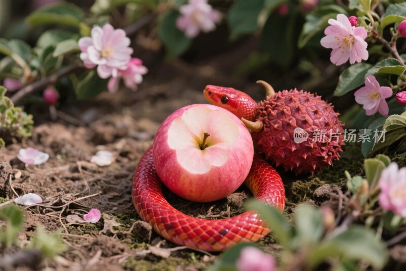 红色蛇缠苹果与花