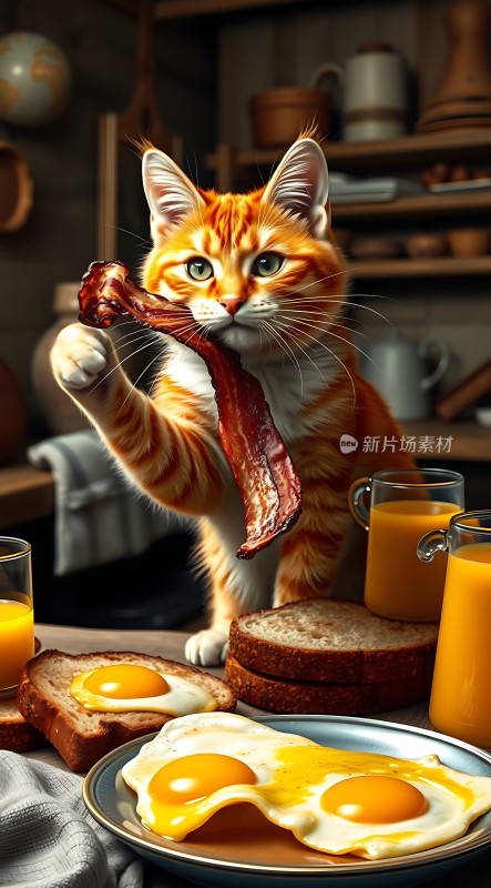 橘猫叼着培根桌上摆着煎蛋和橙汁