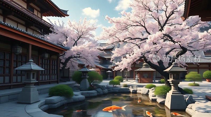 樱花下的古院池塘