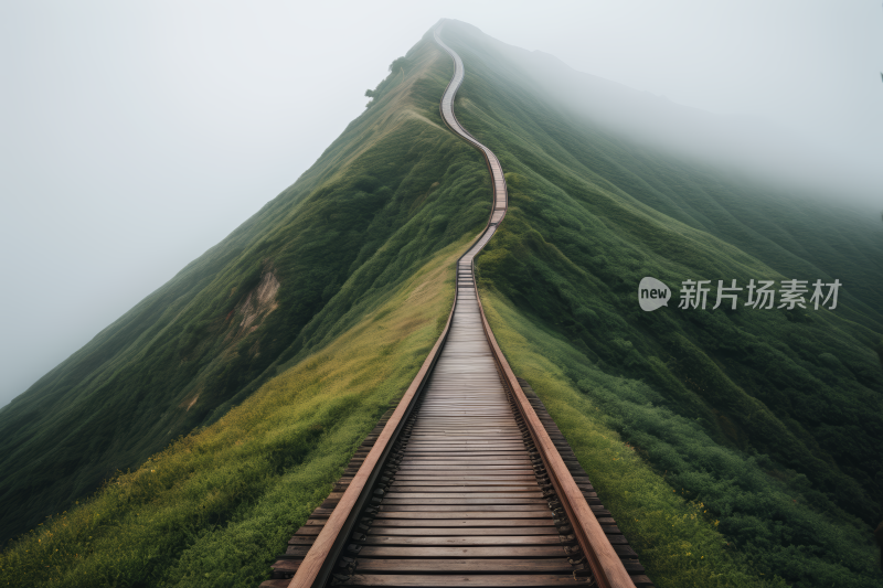 一条长长的木路上山的草图风光风景图片