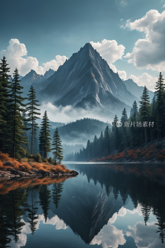 山和树倒映在前景的湖泊中高清插图片