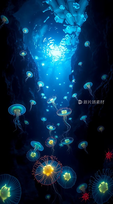 深海蓝光下的梦幻水母世界