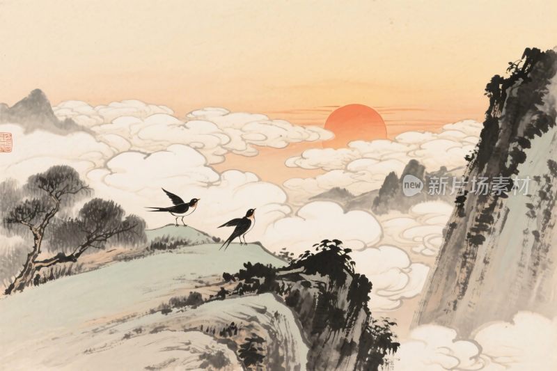 水墨山水飞鸟图