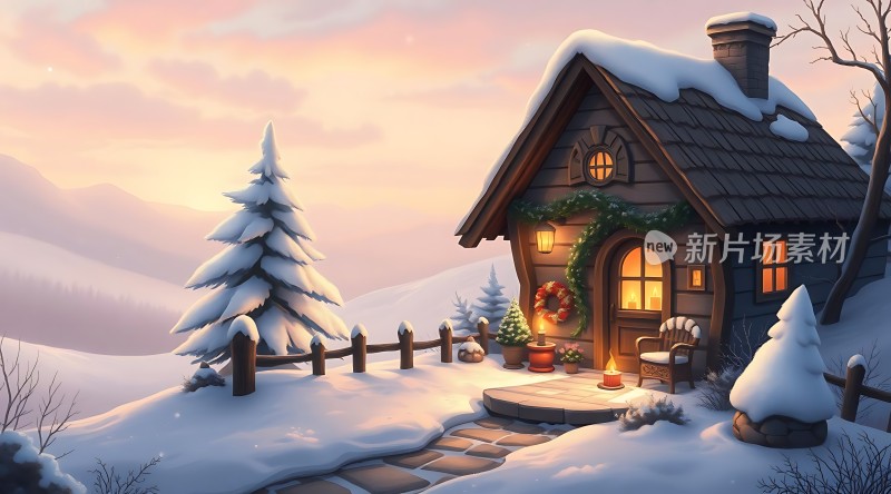 雪夜小屋温馨圣诞场景