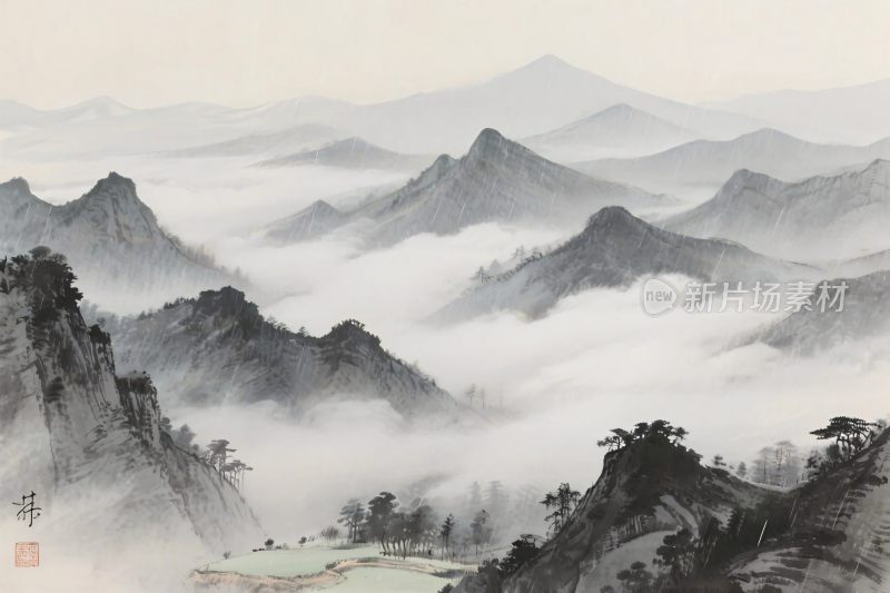 山水云雾水墨画