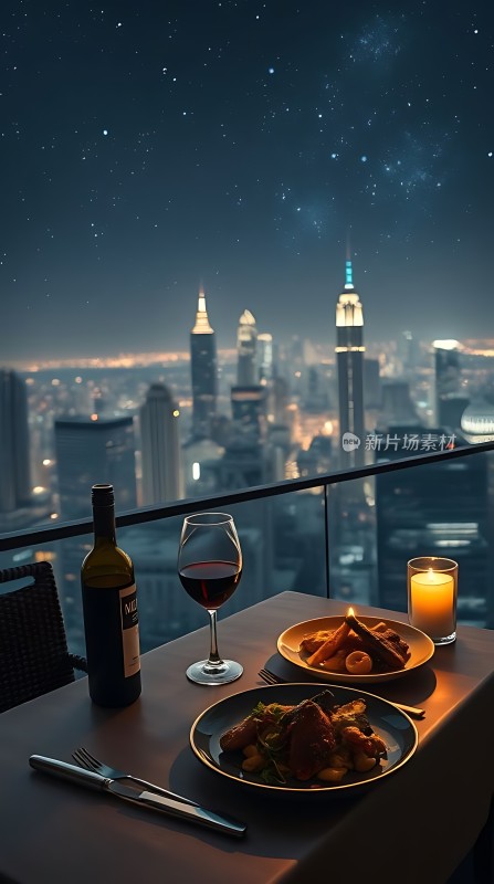 星空下城市夜景浪漫晚餐