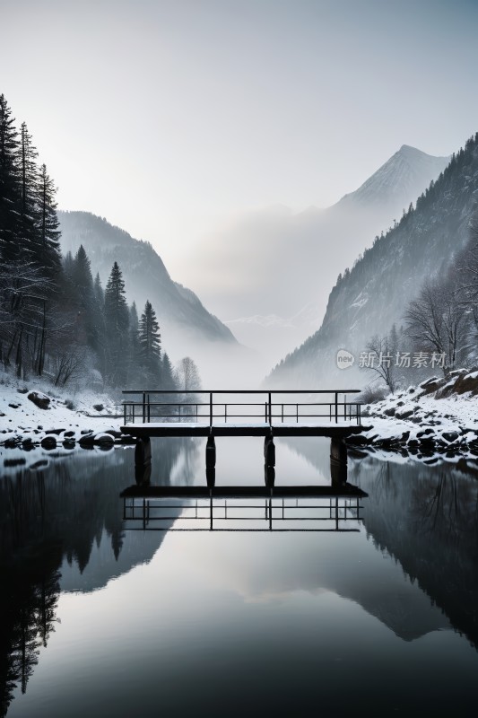 桥横跨河流一座高山清图片