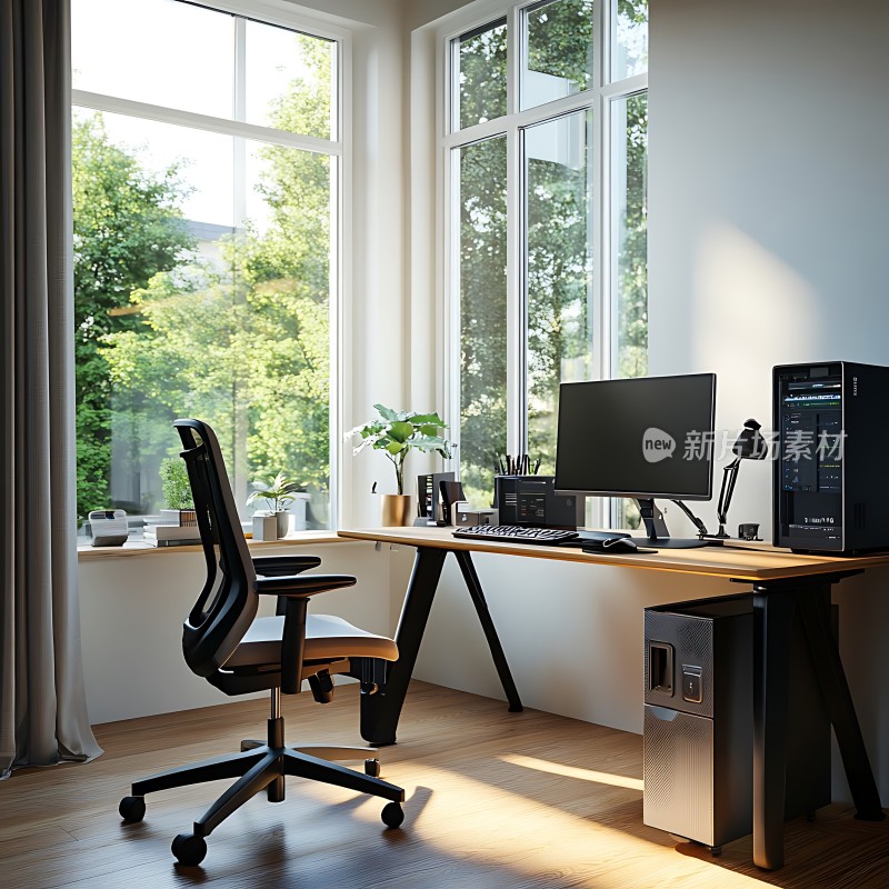 阳光洒满现代简约办公桌绿意盎然伴工作