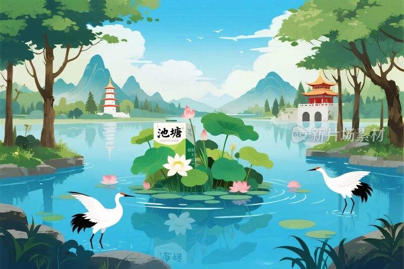 山水荷塘风景插画