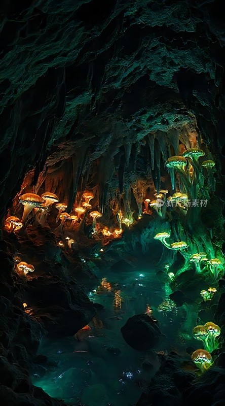神秘洞穴中的荧光蘑菇世界