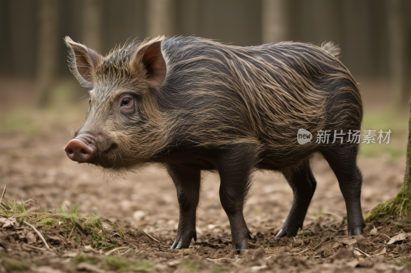 树附近的泥土里站着一头小猪高清图片