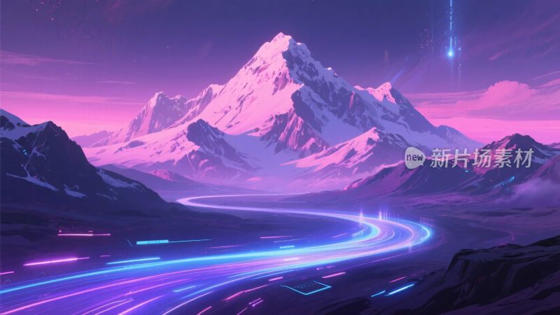 梦幻紫色雪山与流光道路景观