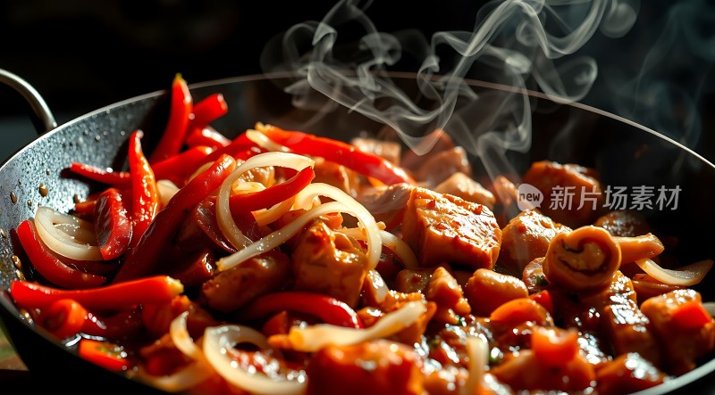 新片场素材 热气腾腾的红椒洋葱炒肉