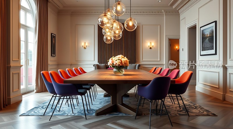 现代餐厅设计木质餐桌与彩色椅子搭配吊灯和花卉装饰增添温馨氛围