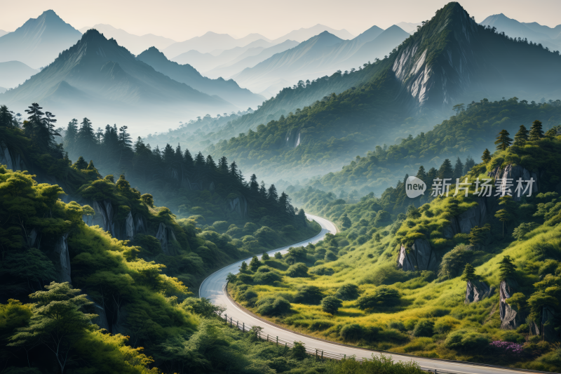 山和山谷中央蜿蜒的道路高清风景插画图片