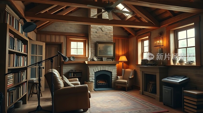 温馨书房木制家具与壁炉营造舒适氛围