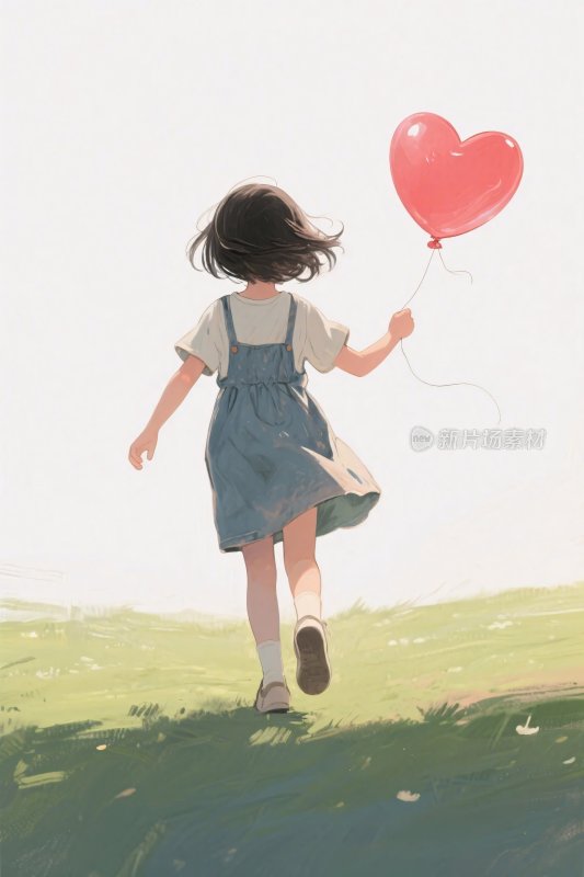 女孩放心形气球插画