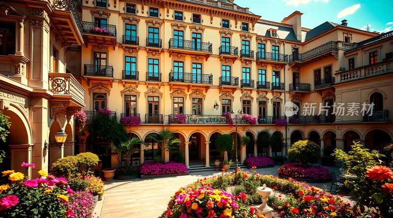 阳光下的欧式建筑与花园美景