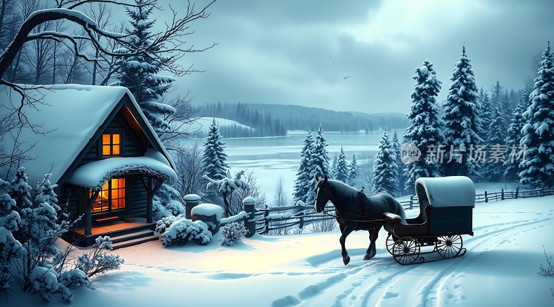 雪夜小屋与马车