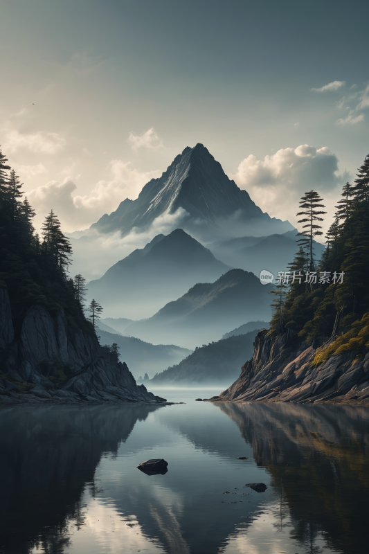 山倒映在湖的静水中高清风景插图片