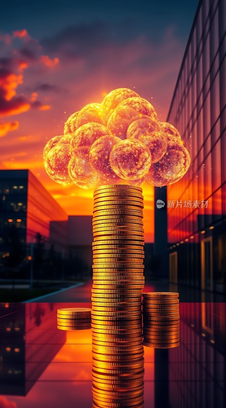 财富之树金币堆叠成塔顶端绽放光芒