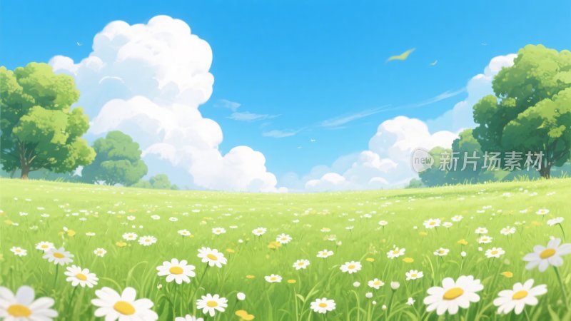 春日草地与蓝天白云美景