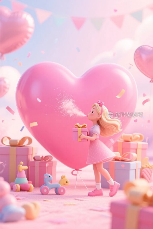 卡通女孩抱爱心礼物场景