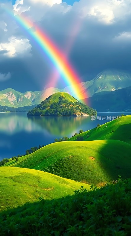 湖畔彩虹映翠波