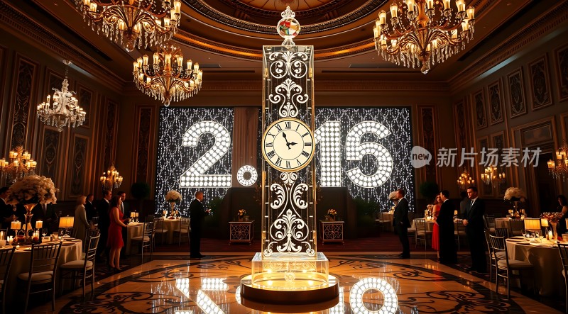 新年派对现场豪华大厅璀璨灯光时钟显示2015