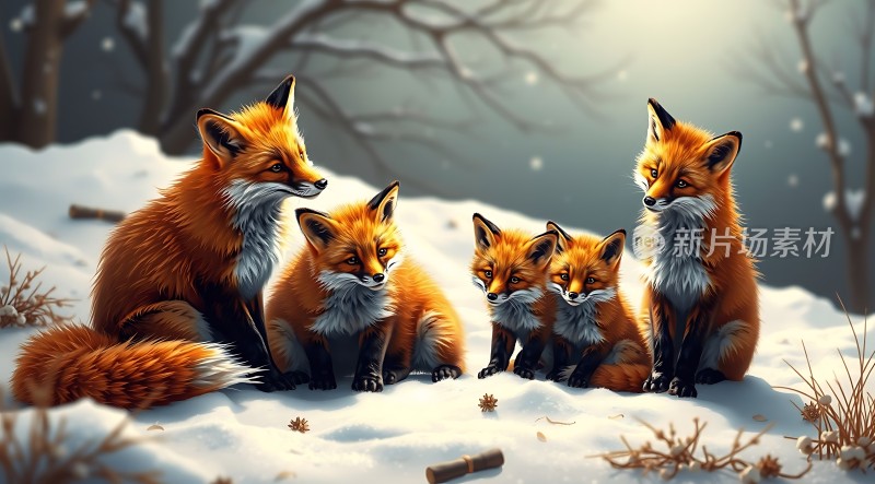 雪地四只小狐狸