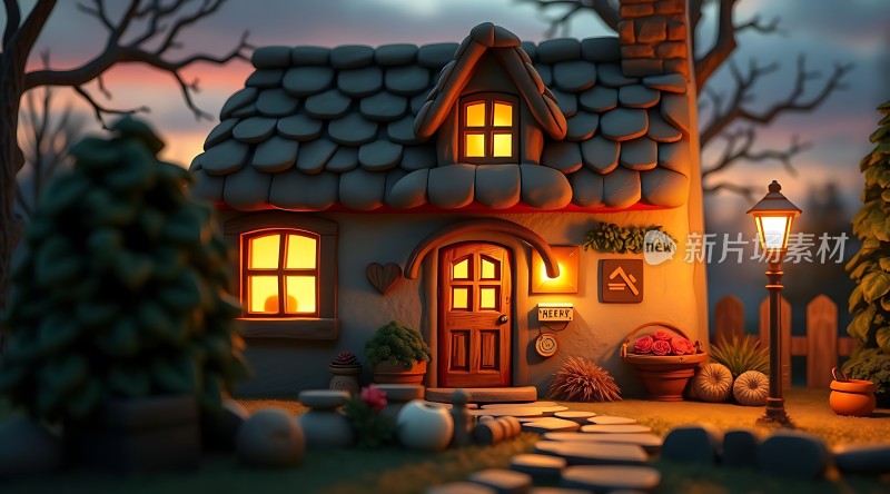 温馨小屋夜晚灯光下的宁静家园