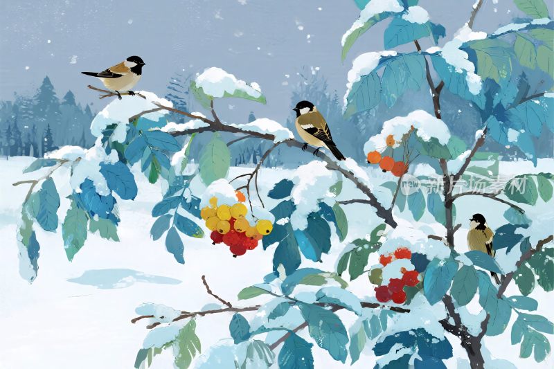 冬季雪景小鸟插画