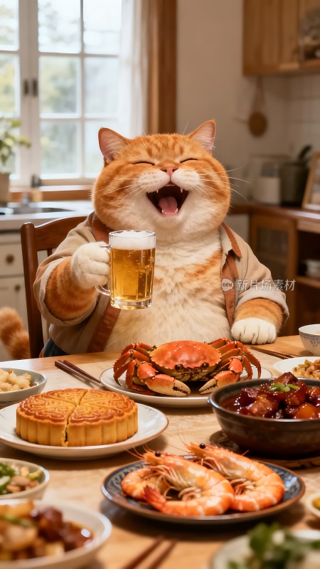 橘猫举杯欢庆美食盛宴共享