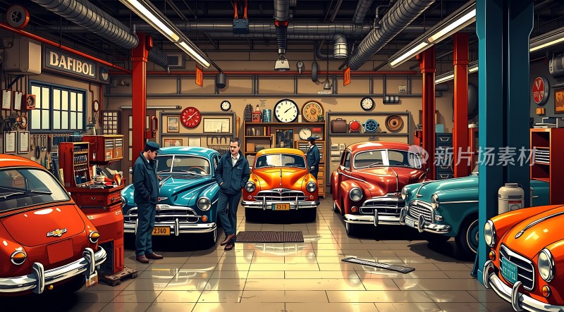 复古车库里的经典汽车维修场景