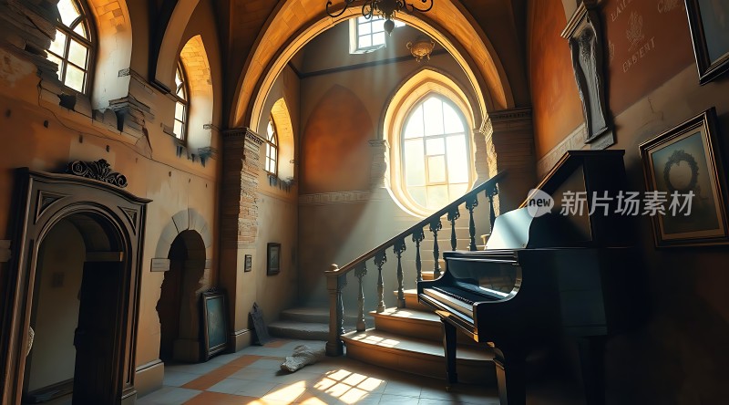 阳光下的古老建筑与钢琴