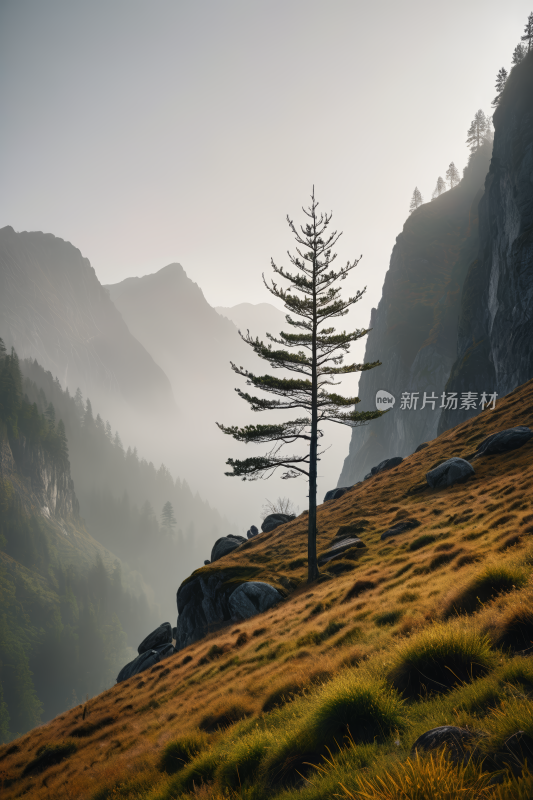 在草山上一棵孤树高山清风景图片