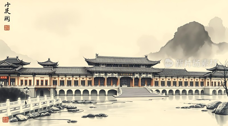 古风建筑山水画