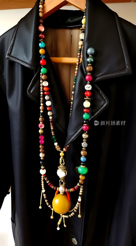 多彩珠串项链配黑色皮衣