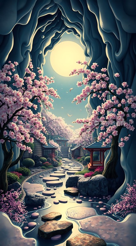 春夜月下樱花溪